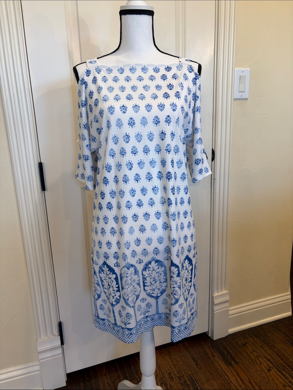 Special Occasions Blue and white “cold shoulder” dress